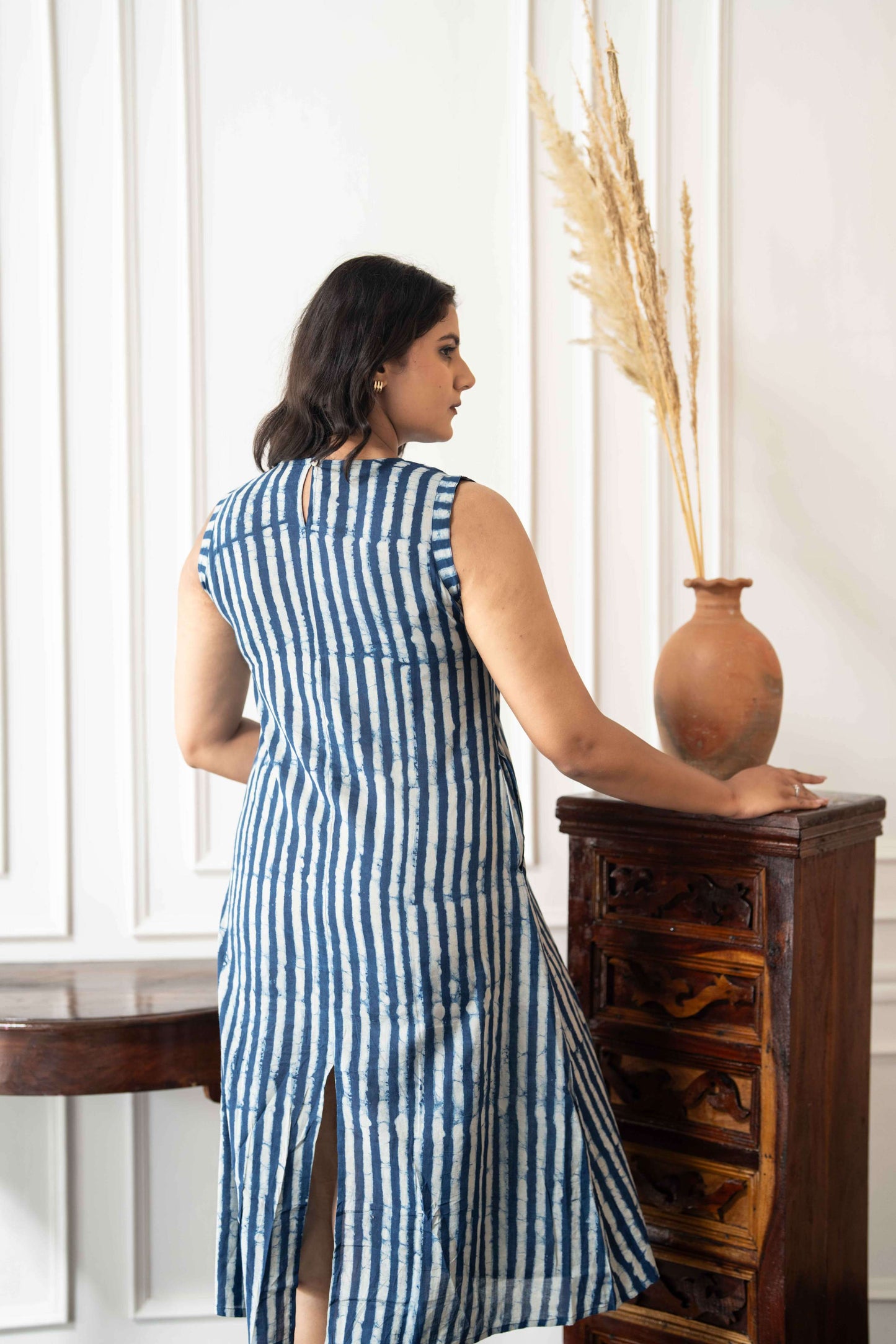 Indigo Striped Cotton A-line Dress