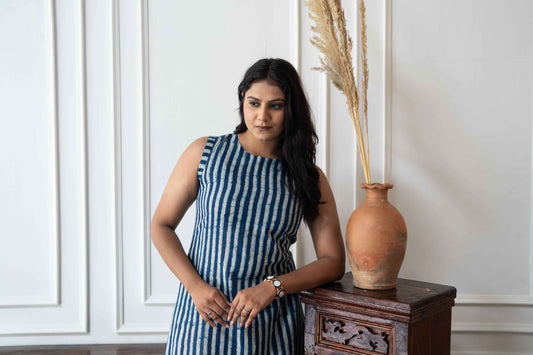 Indigo Striped Cotton A-line Dress