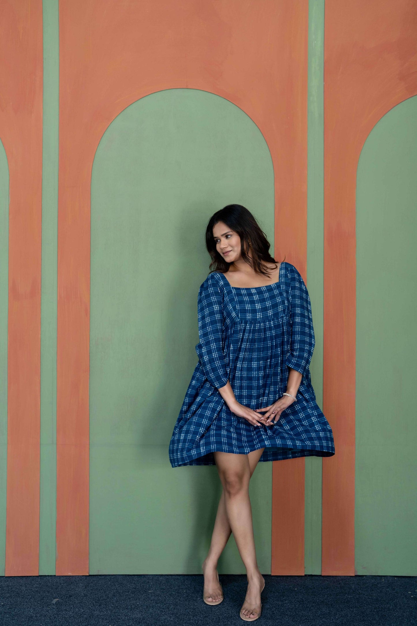 Indigo Cotton Checkered Short Dress