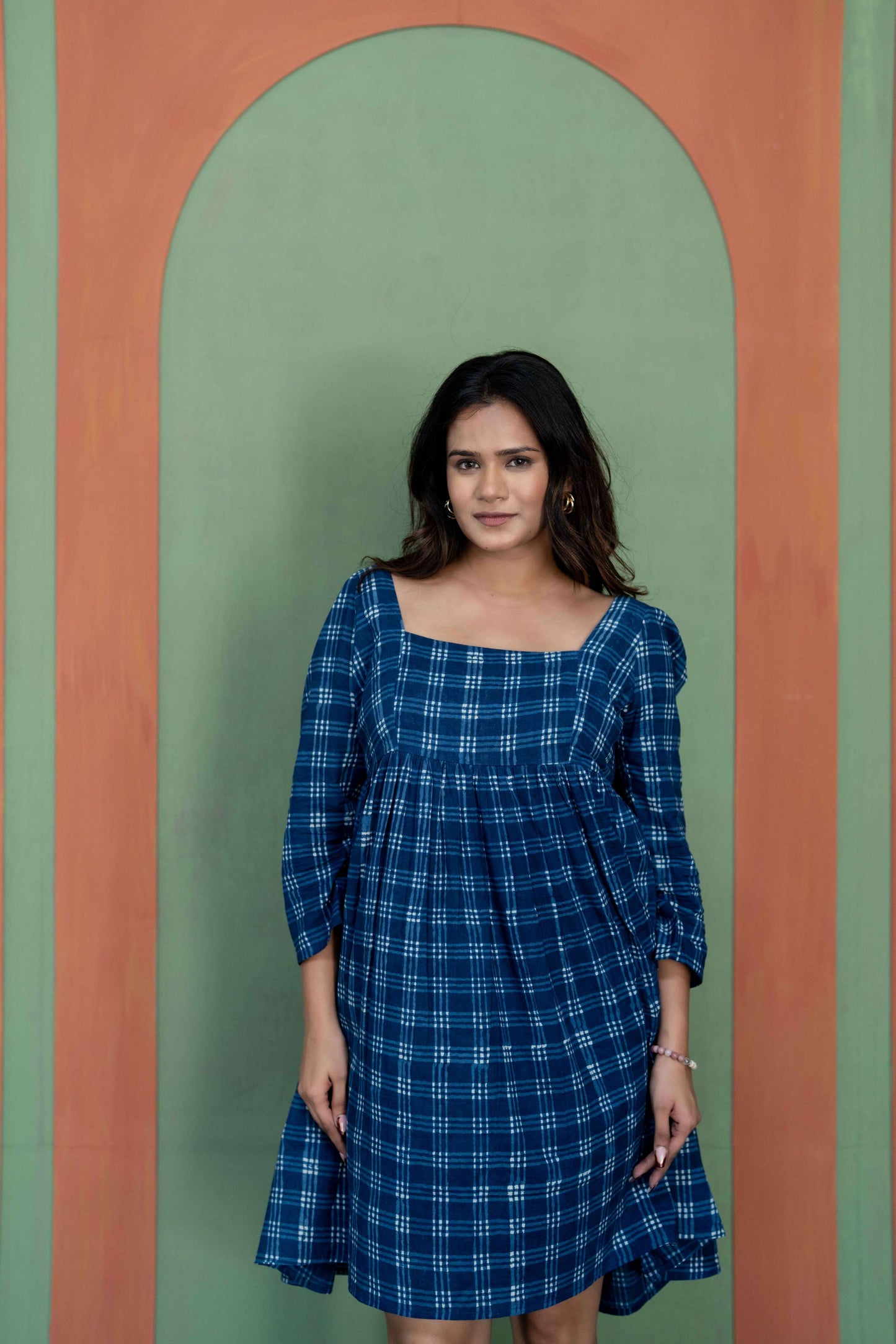 Indigo Cotton Checkered Short Dress