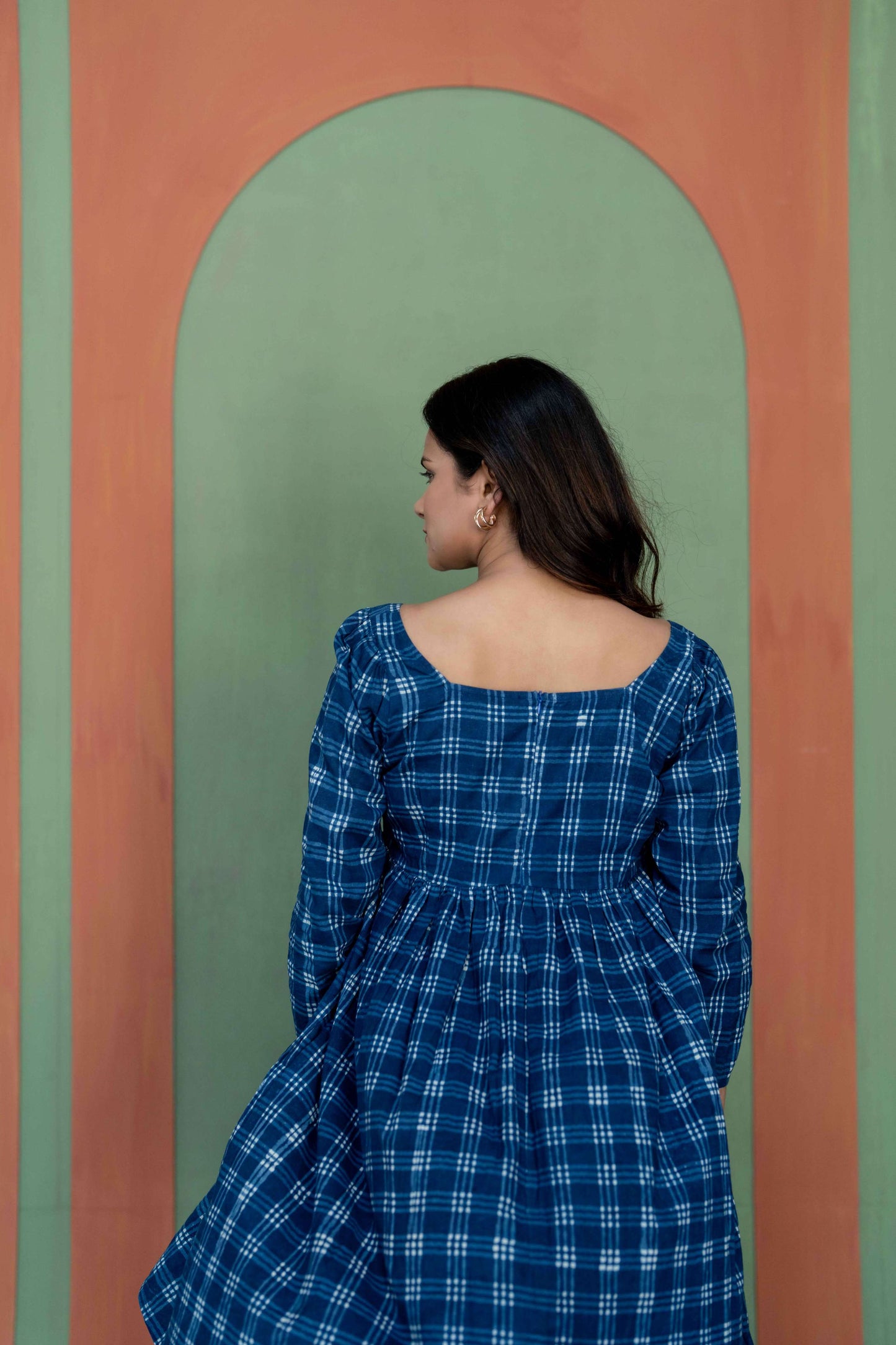 Indigo Cotton Checkered Short Dress