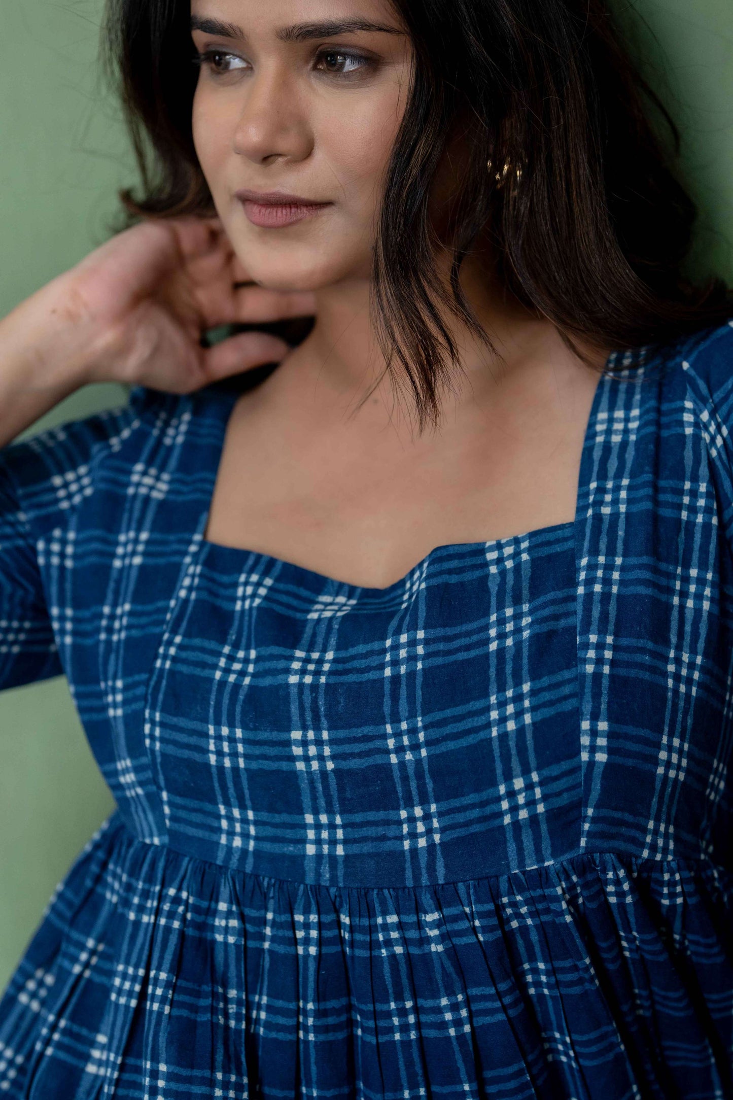 Indigo Cotton Checkered Short Dress