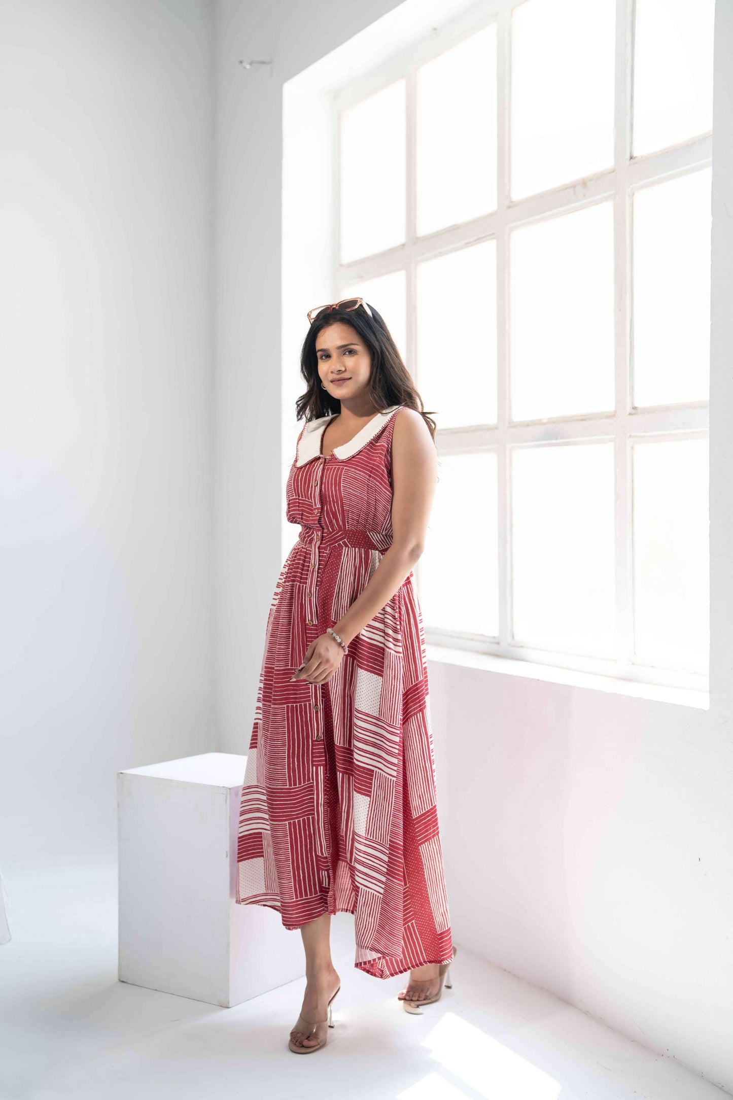 Red Block Print Long A-line Dress