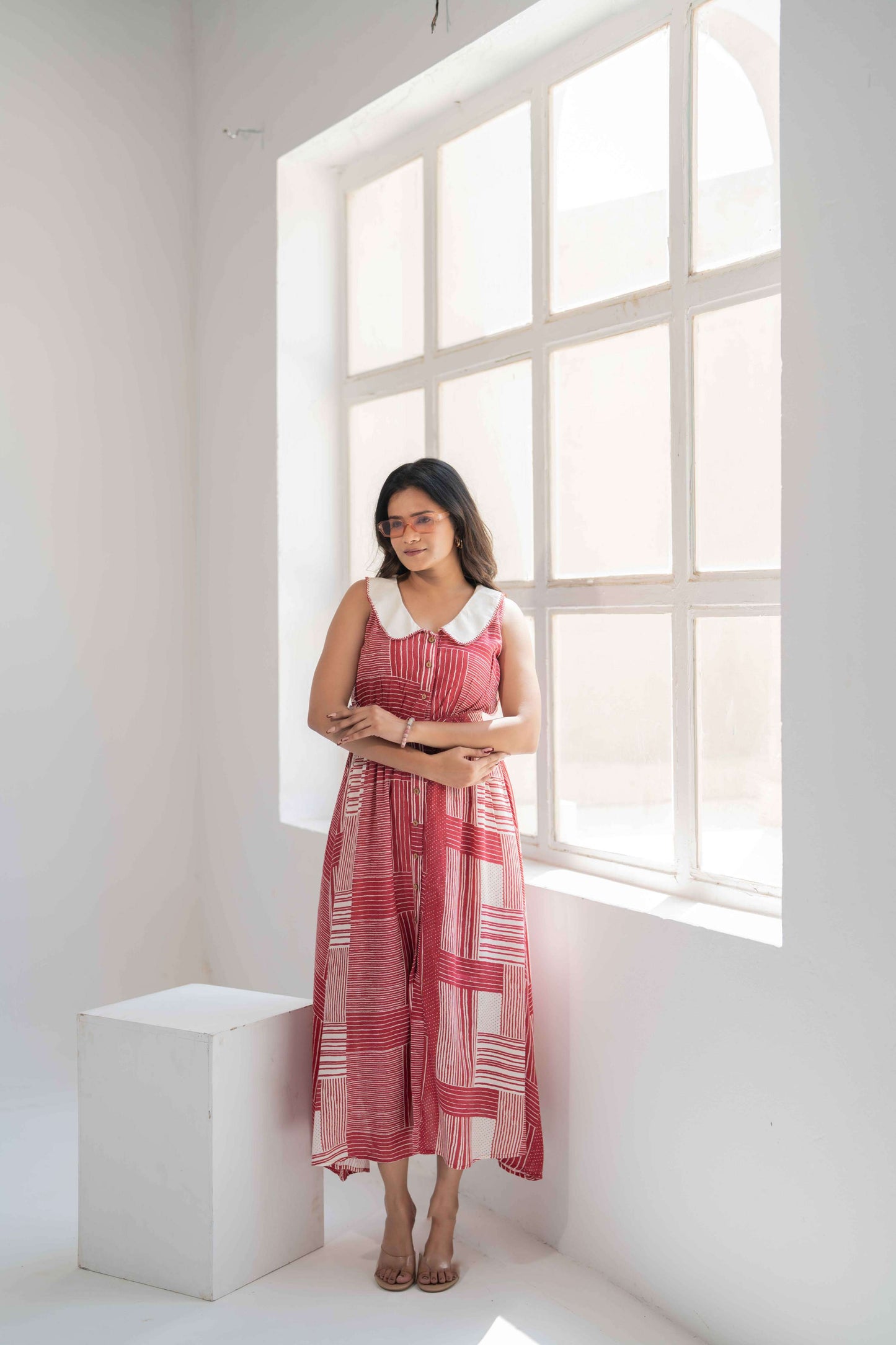 Red Block Print Long A-line Dress