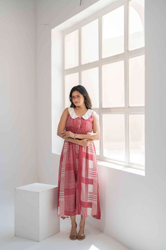 Red Block Print Long A-line Dress