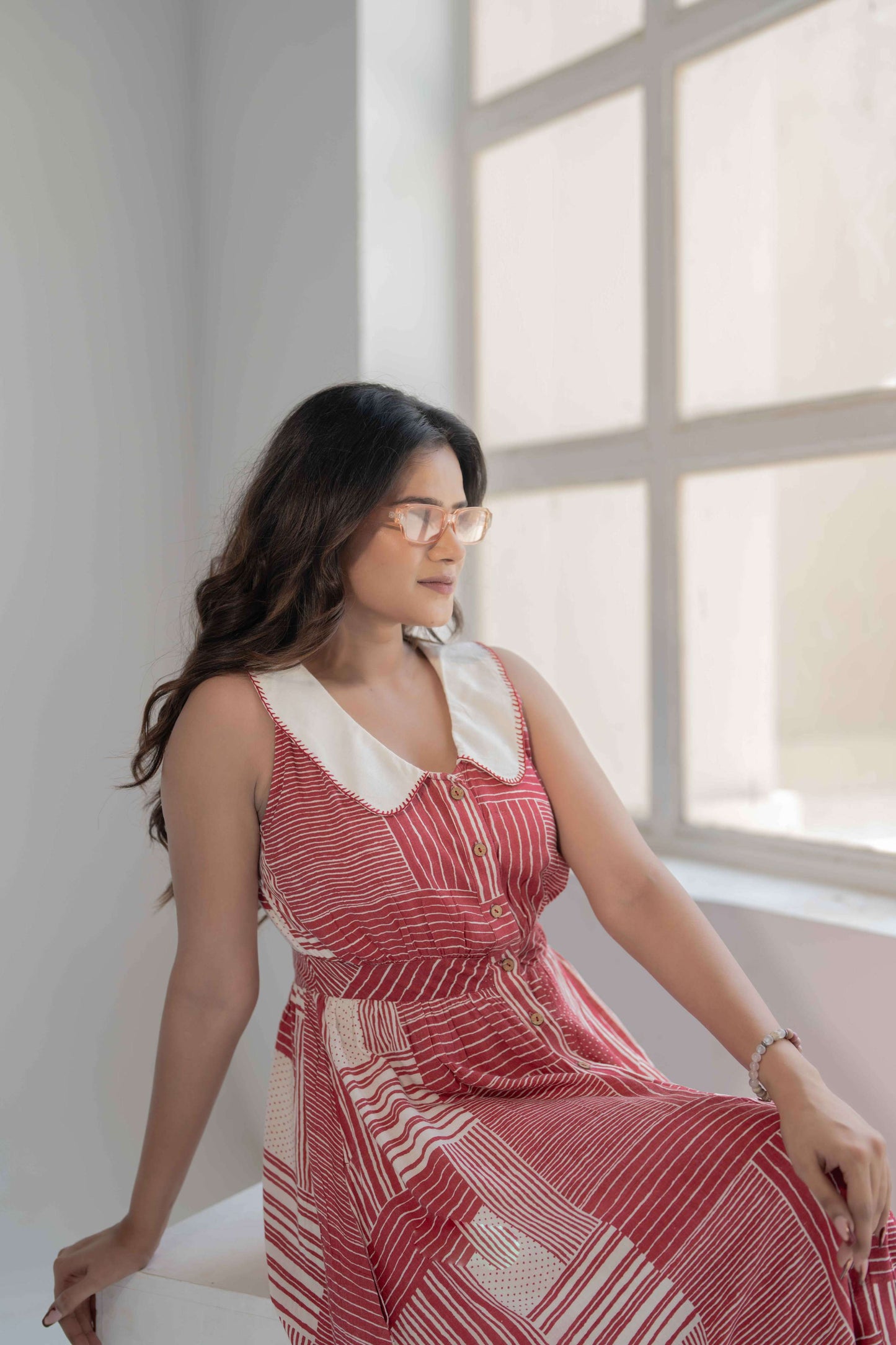 Red Block Print Long A-line Dress