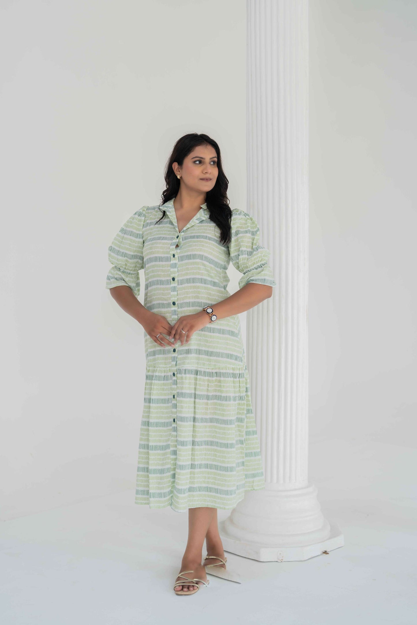 Green Block Print Long Shirt Dress