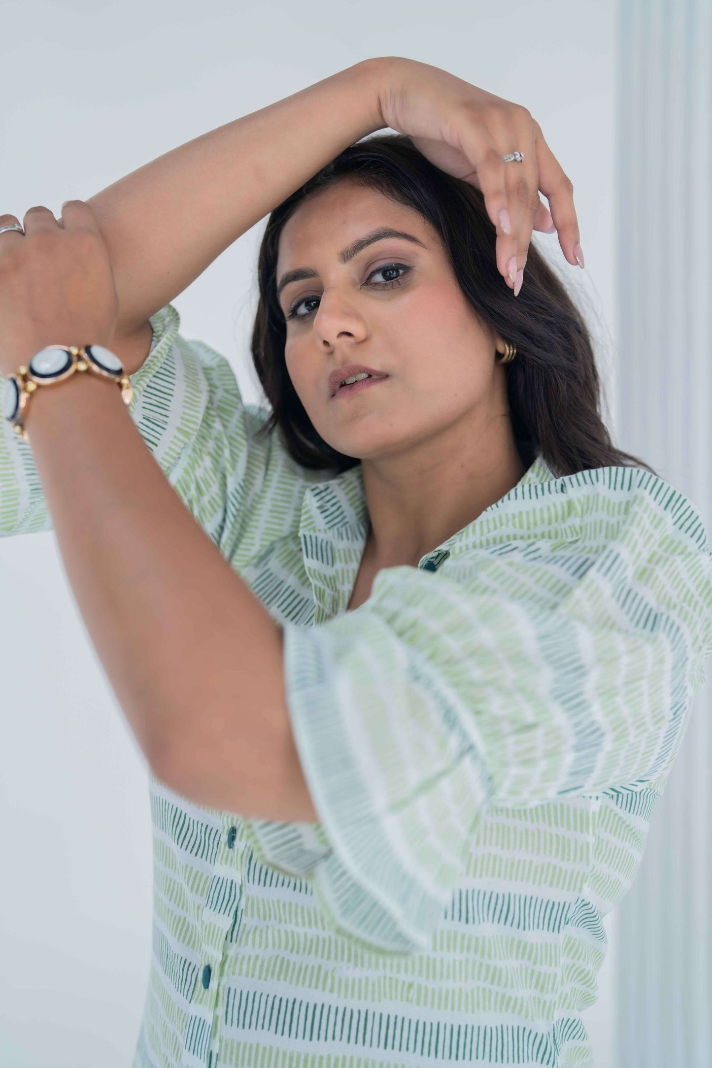 Green Block Print Long Shirt Dress