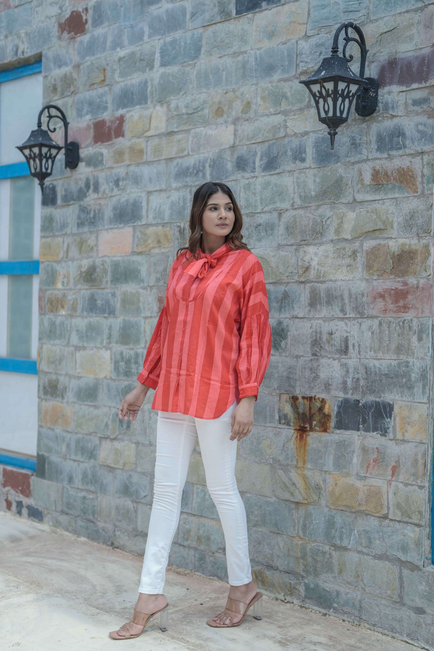 Red Block Print Cambric Cotton Shirt Top