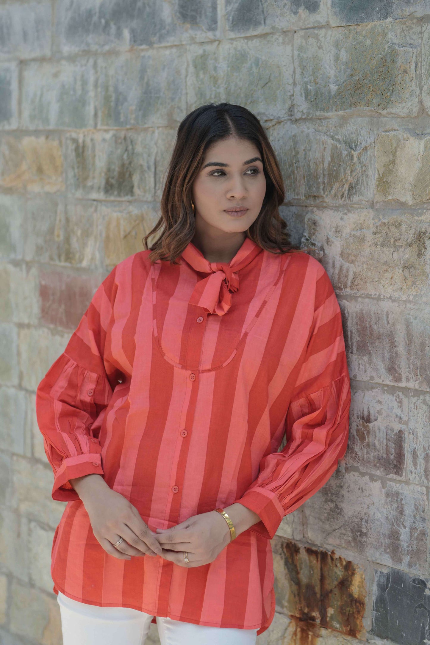 Red Block Print Cambric Cotton Shirt Top