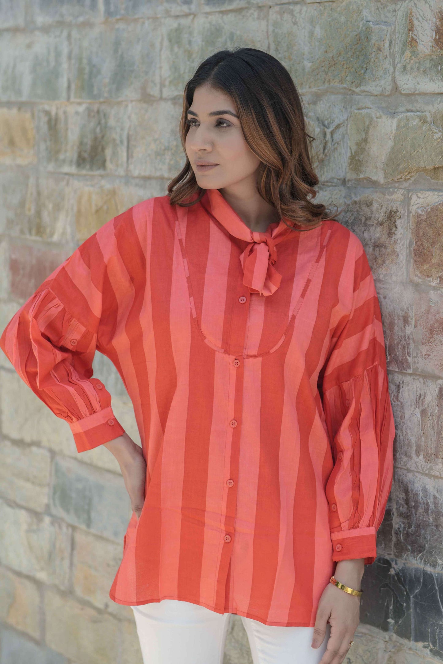 Red Block Print Cambric Cotton Shirt Top