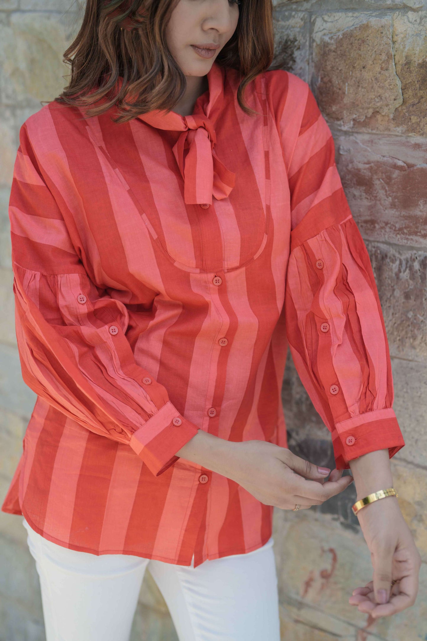 Red Block Print Cambric Cotton Shirt Top