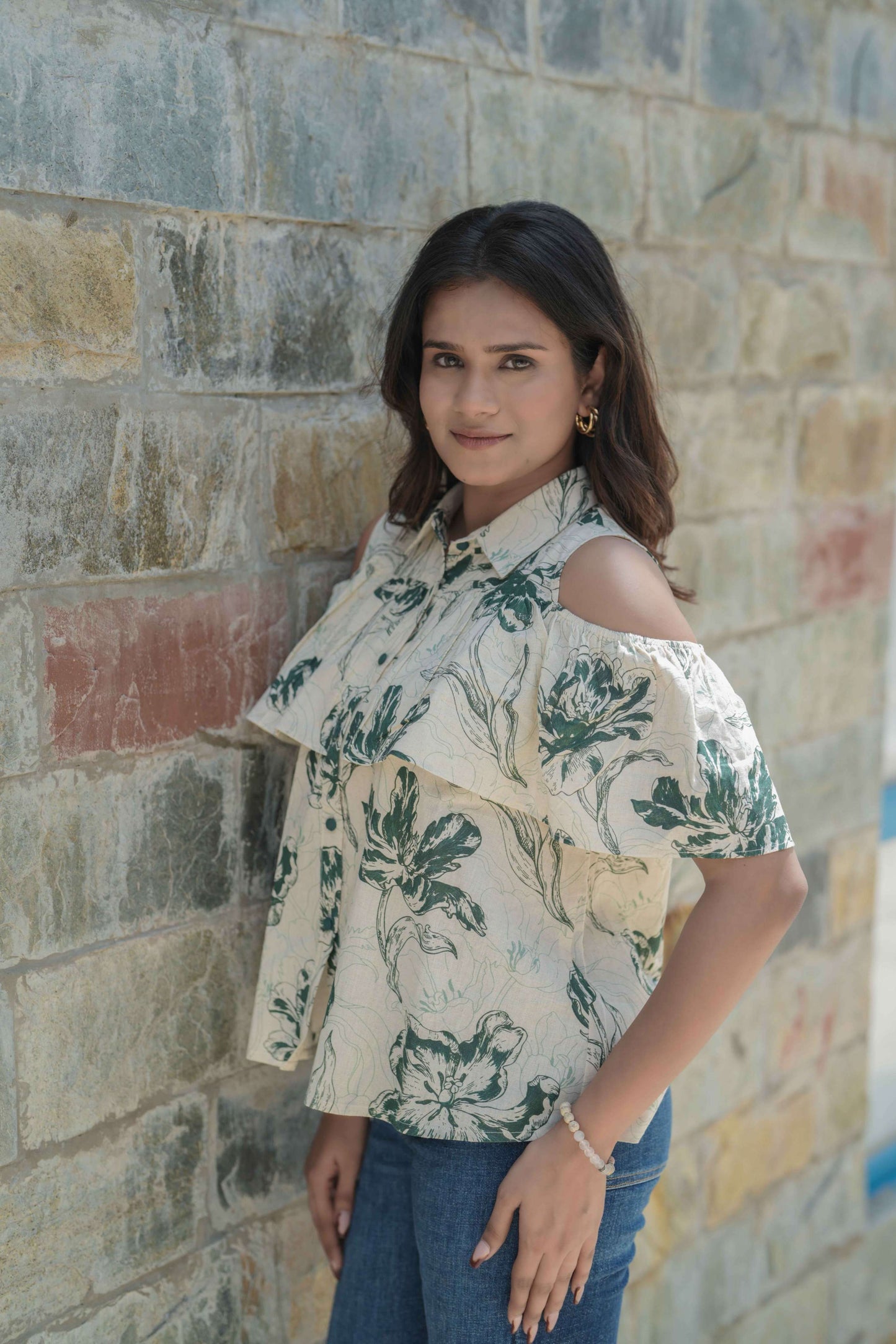 Green Botanical Cold Shoulder Top