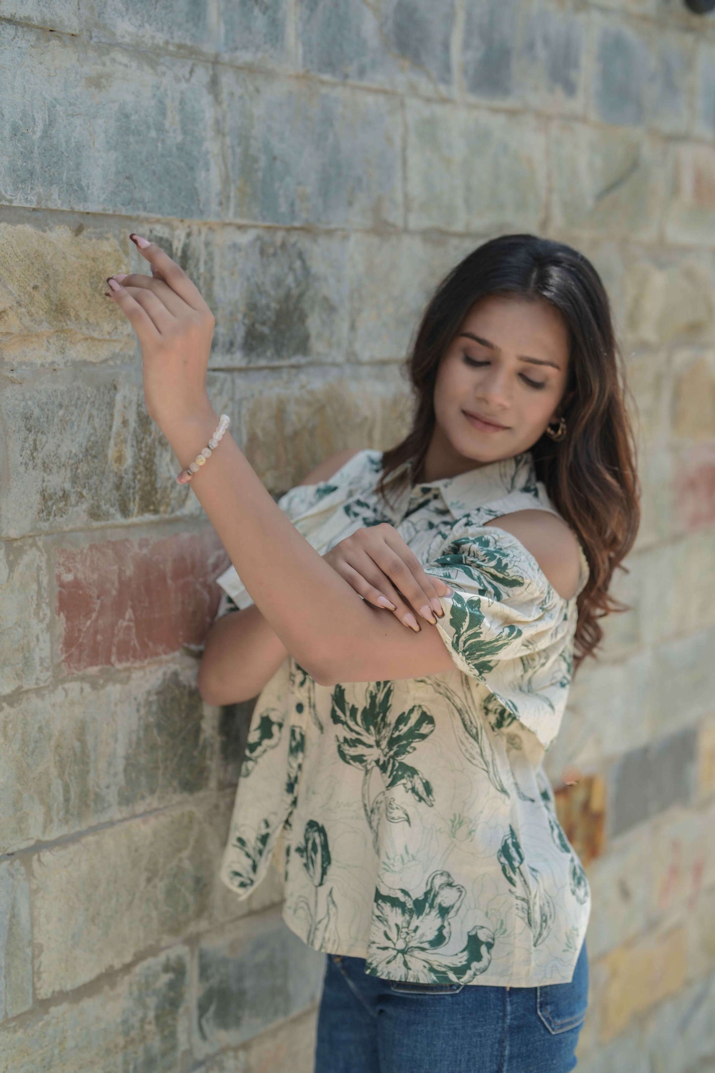 Green Botanical Cold Shoulder Top