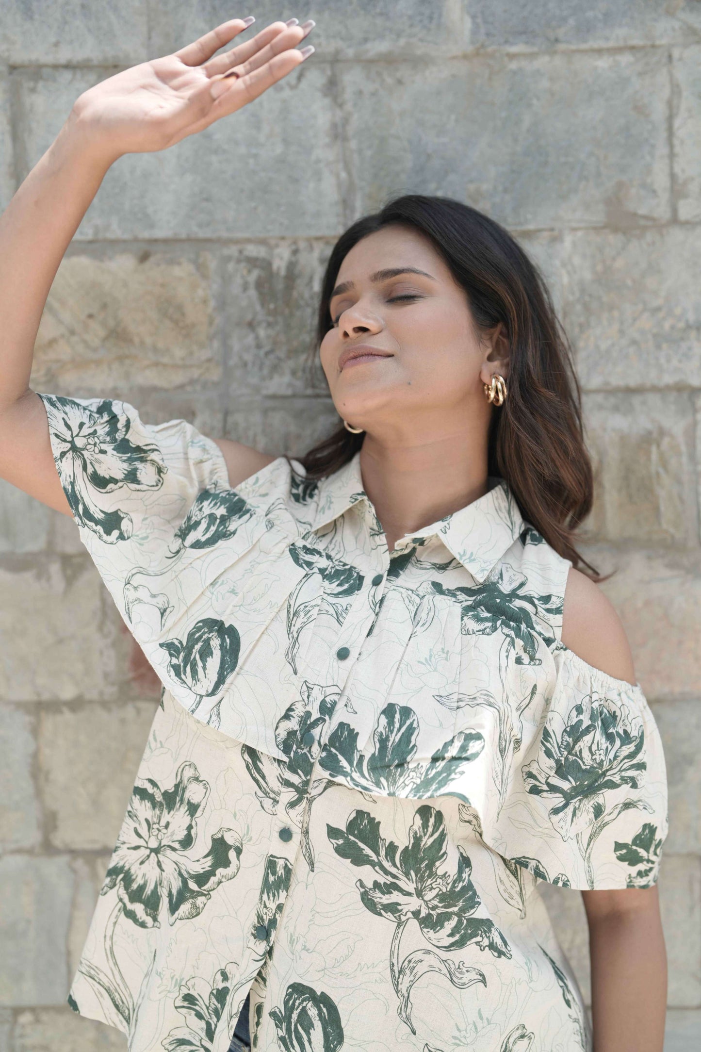 Green Botanical Cold Shoulder Top