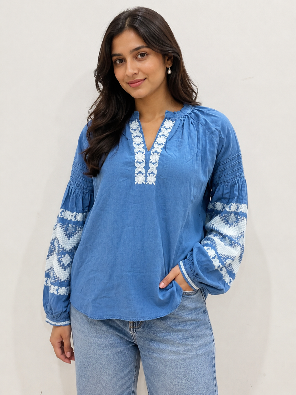 Denim Embroidered Top — Blue