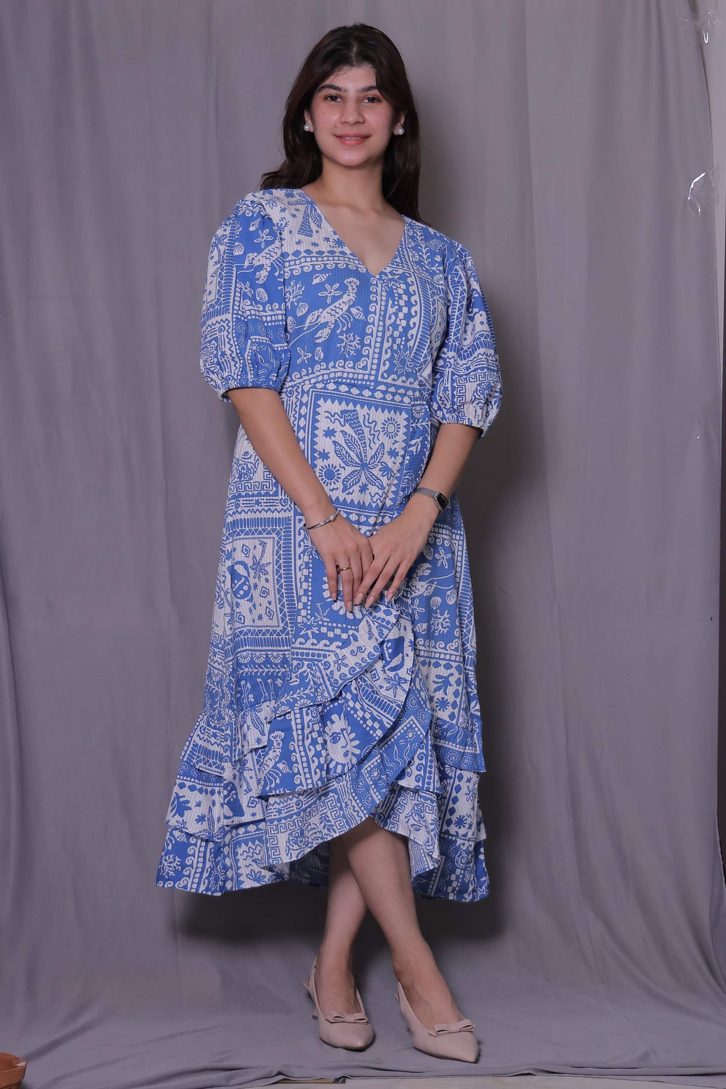 Blue & White Bottom Frill Dress