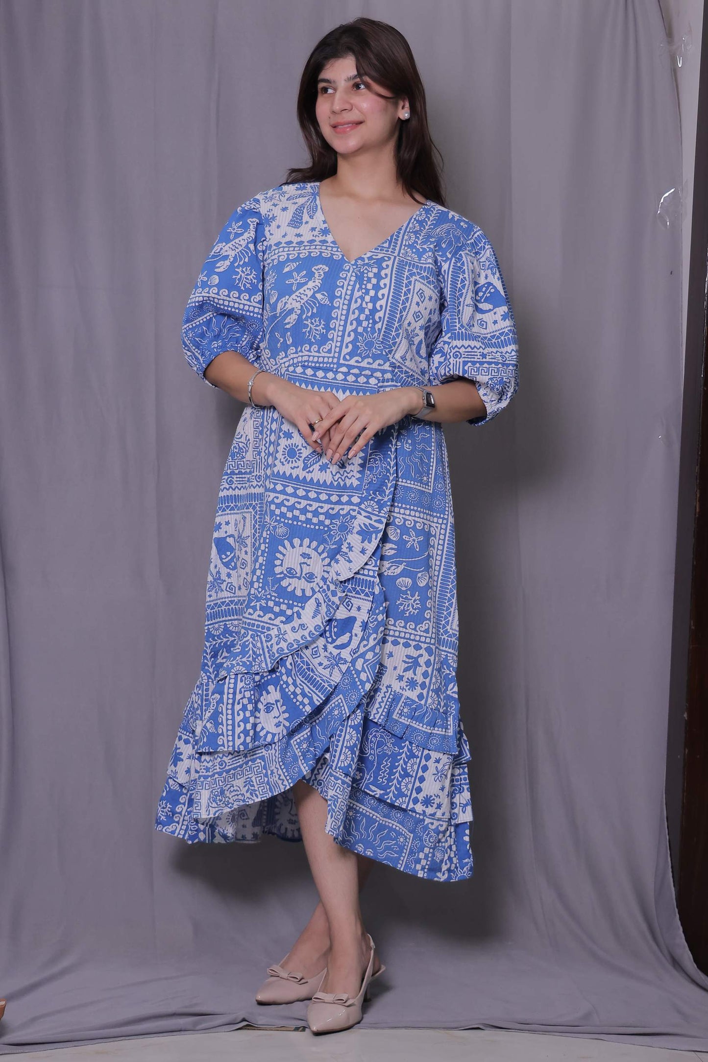 Blue & White Bottom Frill Dress