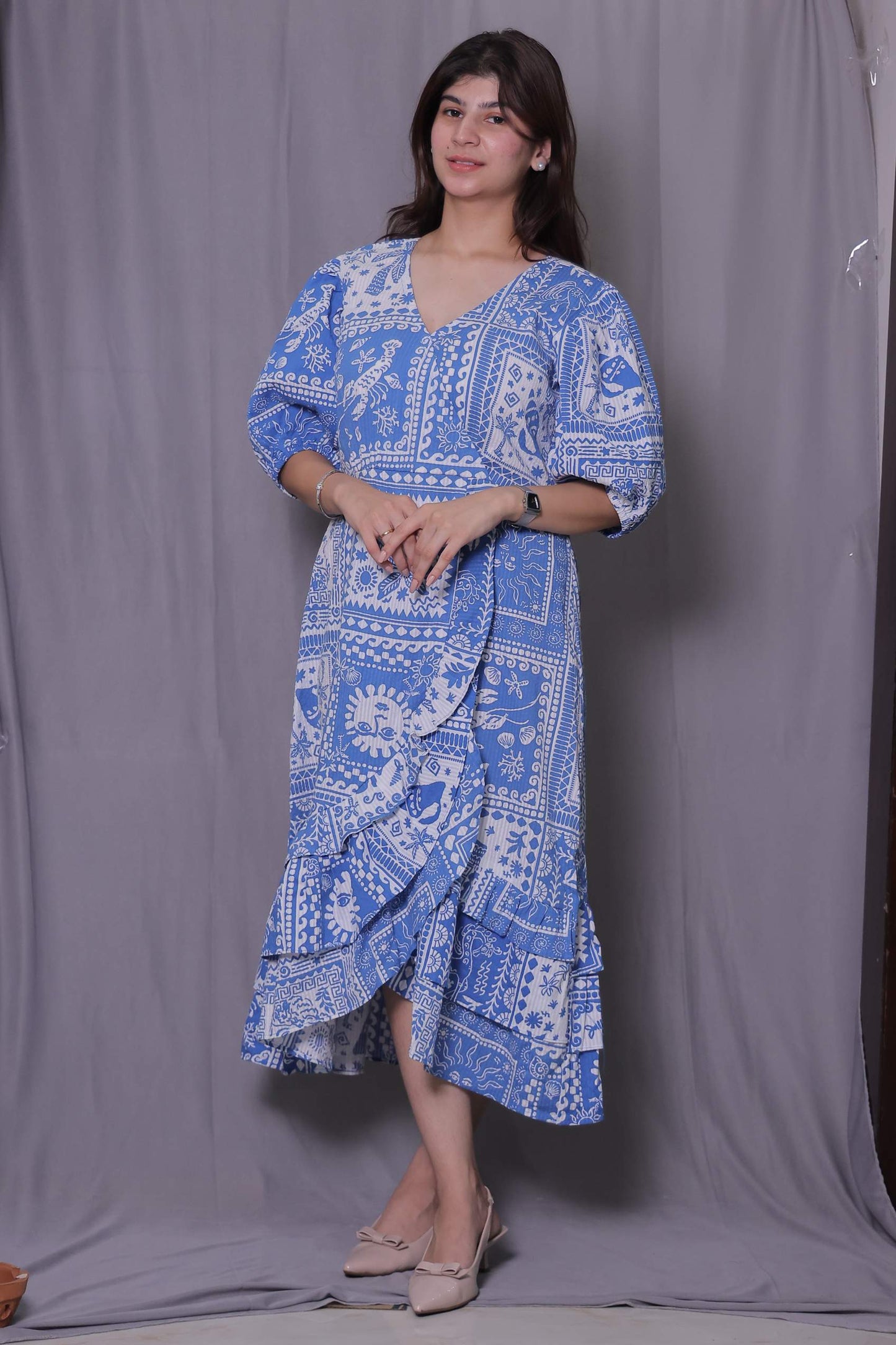 Blue & White Bottom Frill Dress