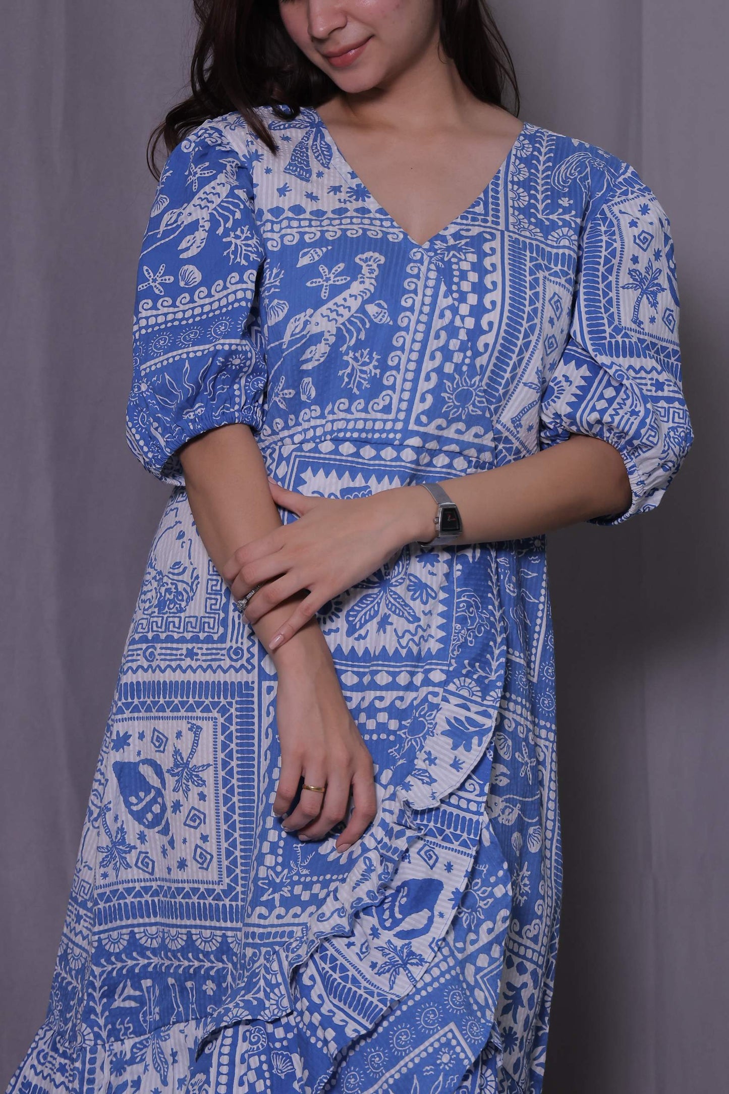 Blue & White Bottom Frill Dress