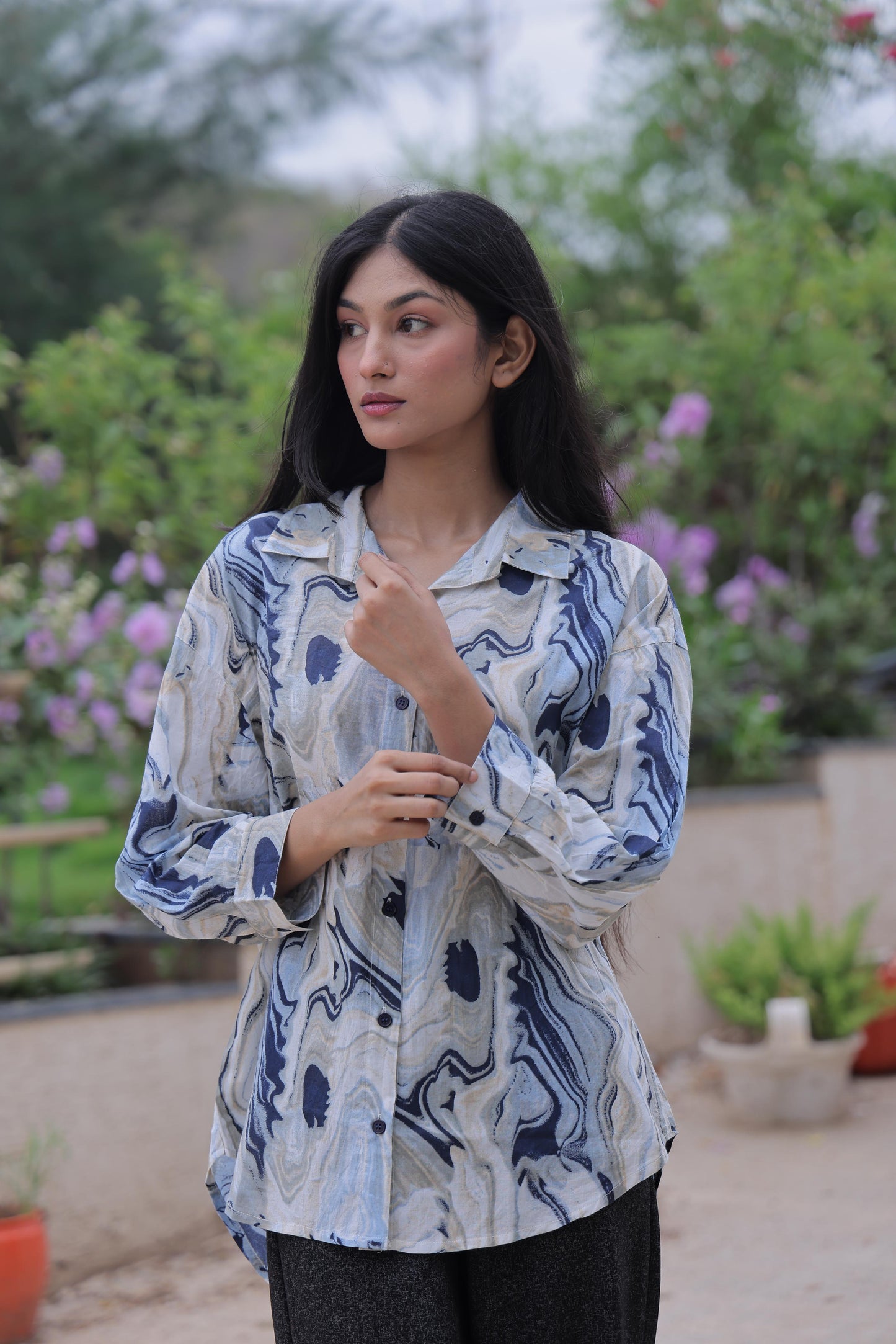Blue Marble Print Cotton Shirt