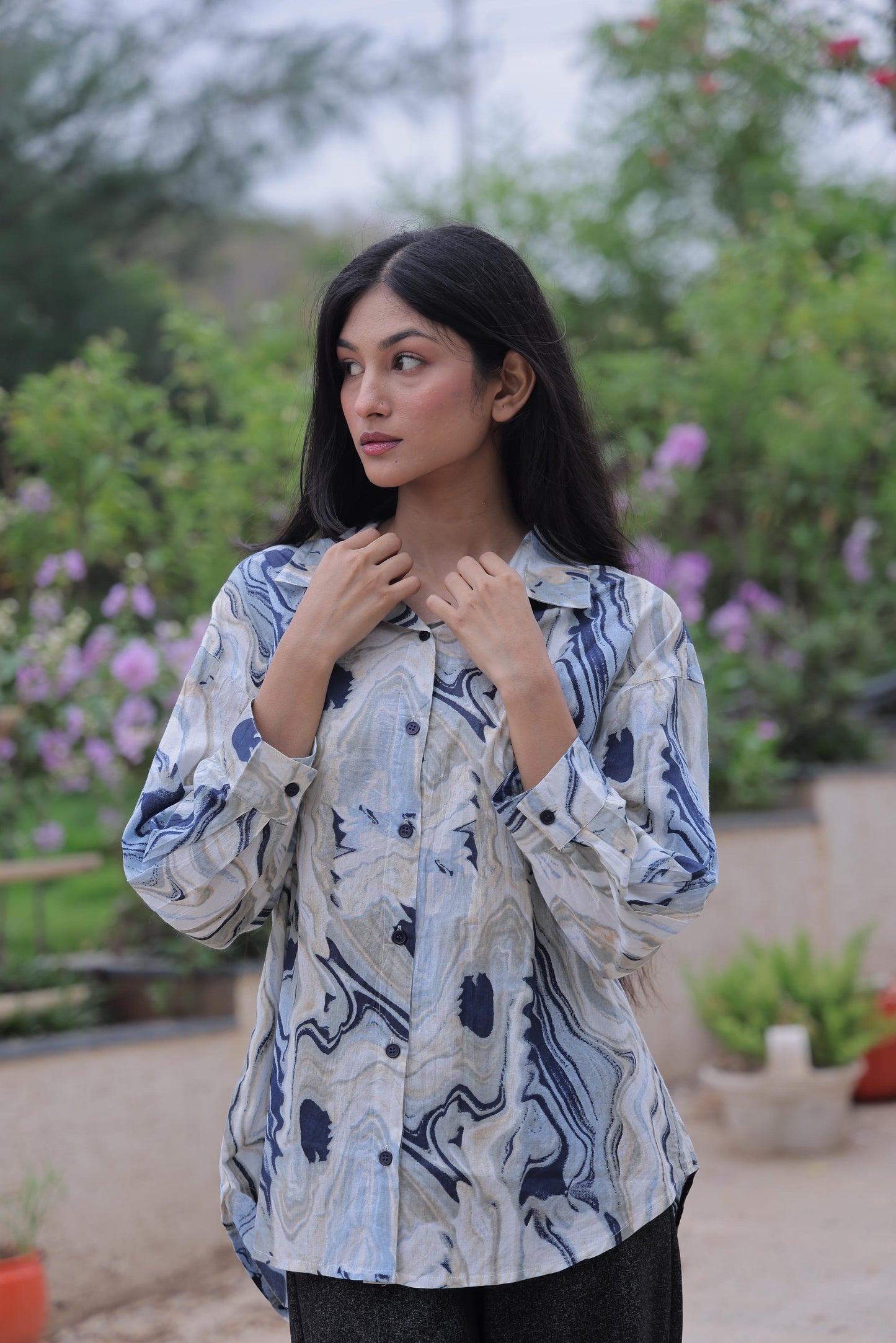 Blue Marble Print Cotton Shirt