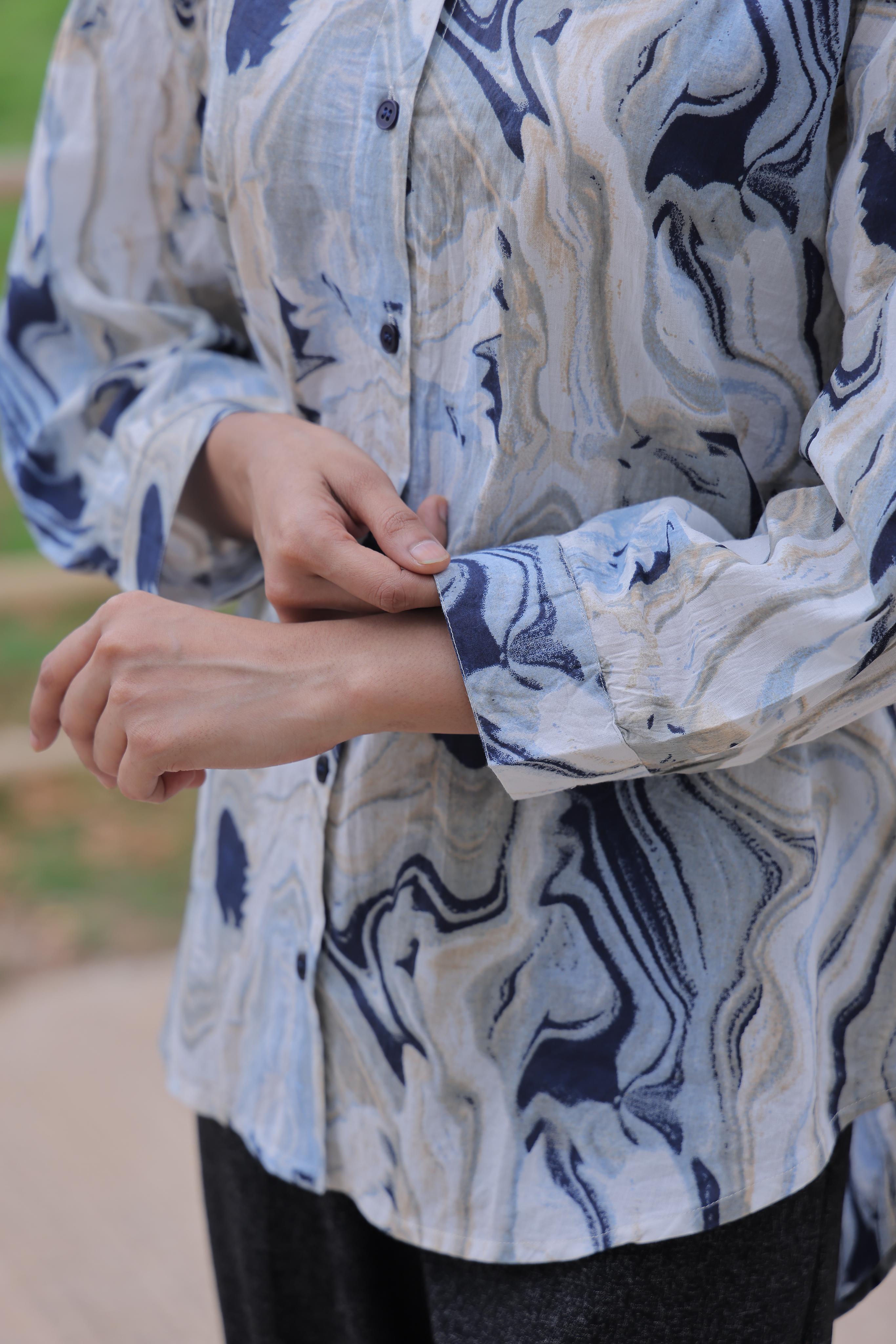 Blue Marble Print Cotton Shirt