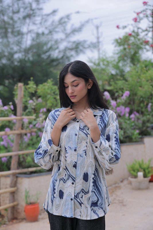 Blue Marble Print Cotton Shirt