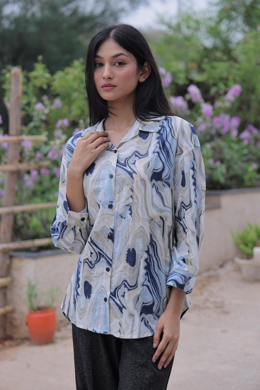 Blue Marble Print Cotton Shirt