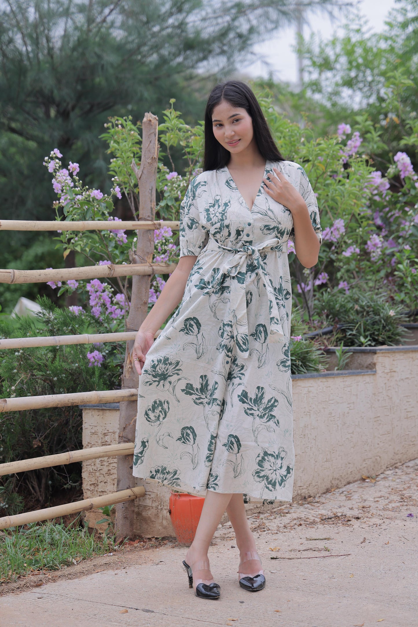 Green Botanical Midi Dress