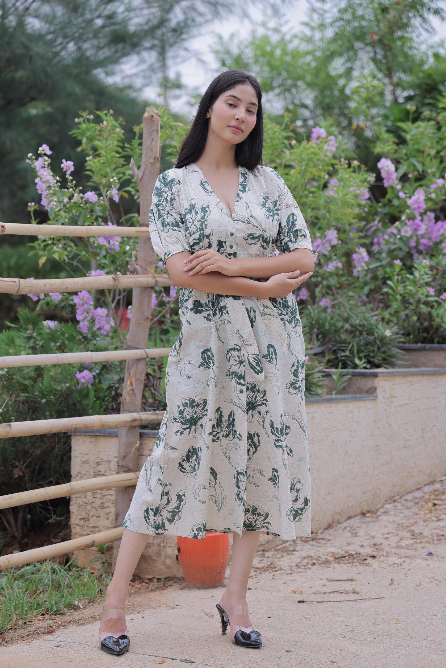 Green Botanical Midi Dress