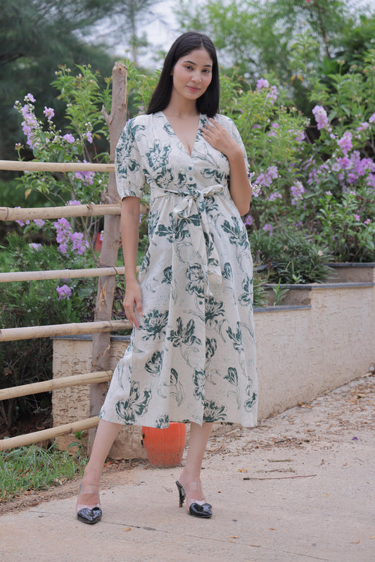 Green Botanical Midi Dress
