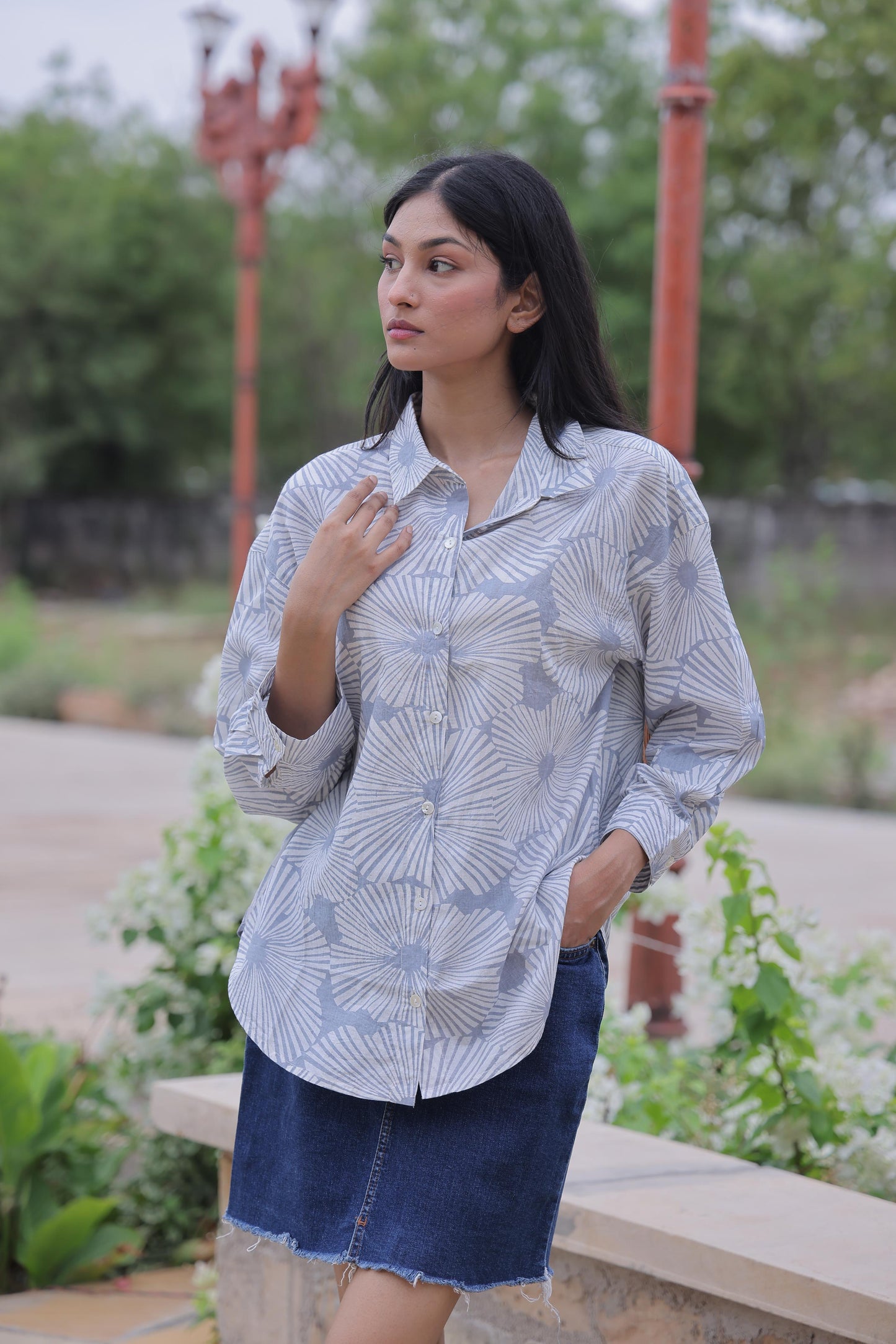 Grey Geometric Block Print Cotton Shirt