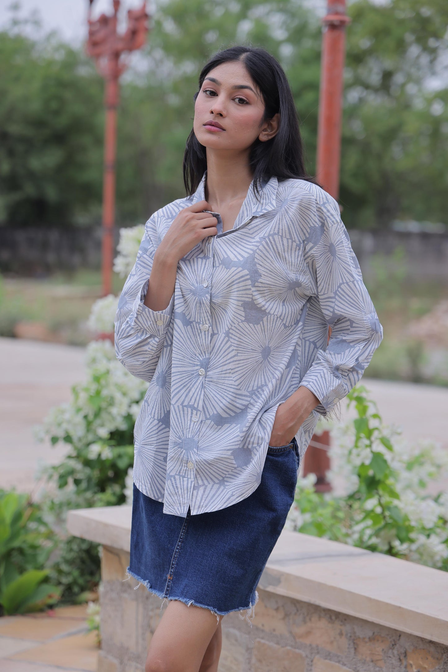 Grey Geometric Block Print Cotton Shirt