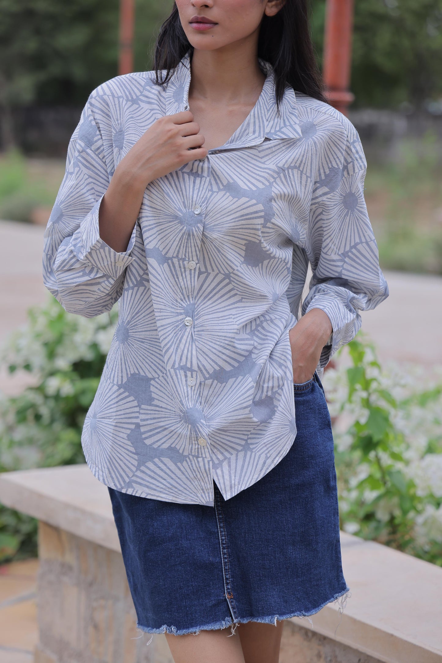 Grey Geometric Block Print Cotton Shirt