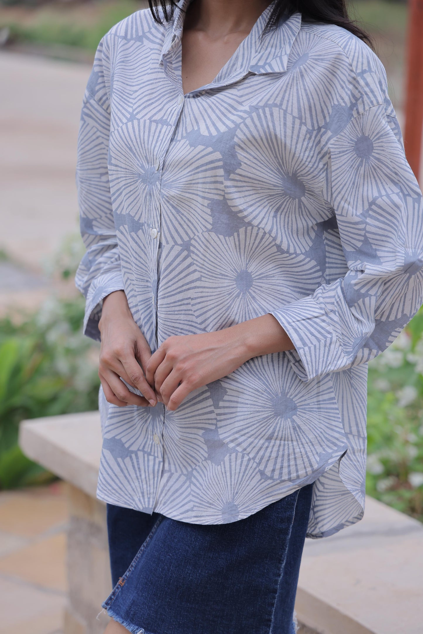 Grey Geometric Block Print Cotton Shirt