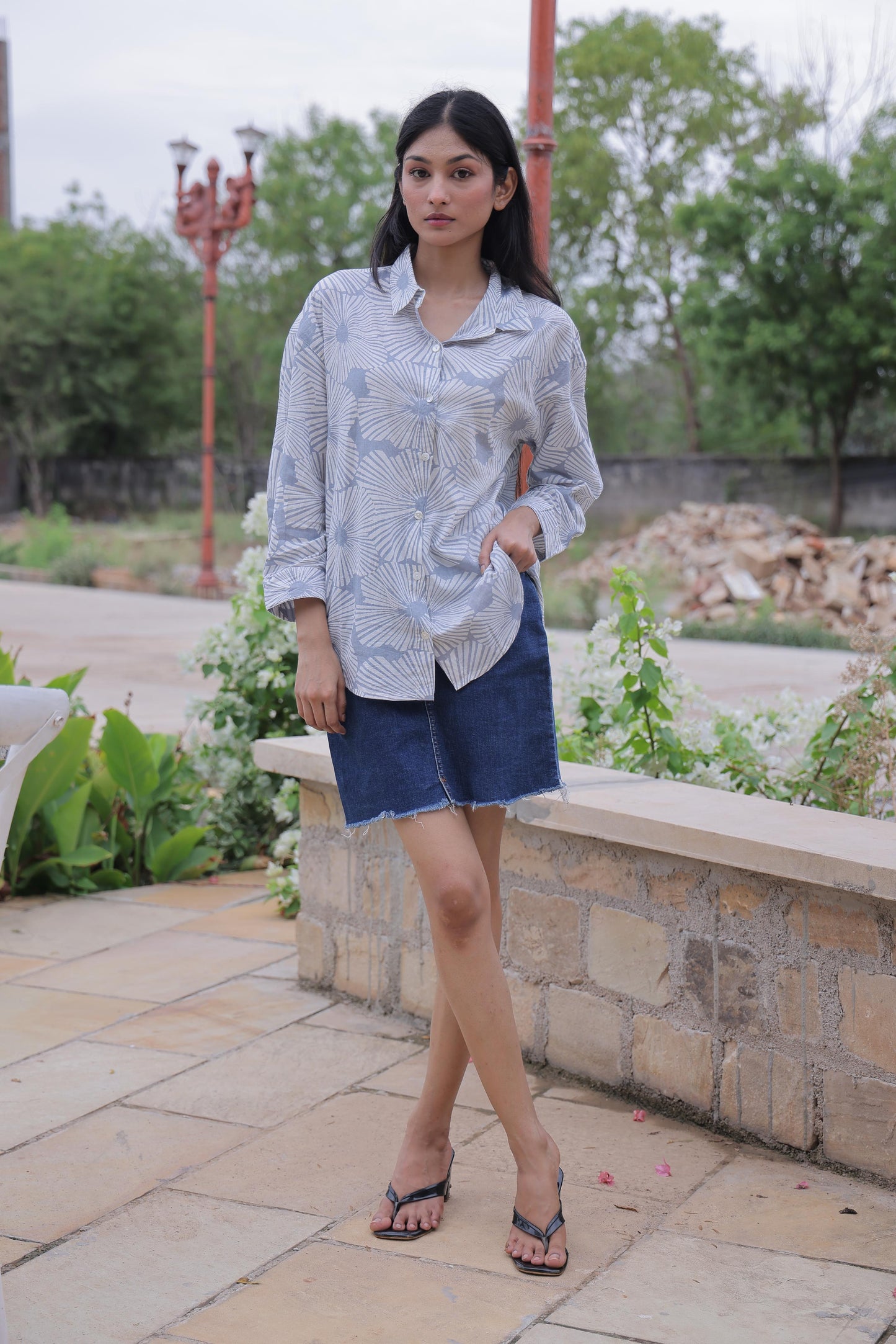 Grey Geometric Block Print Cotton Shirt