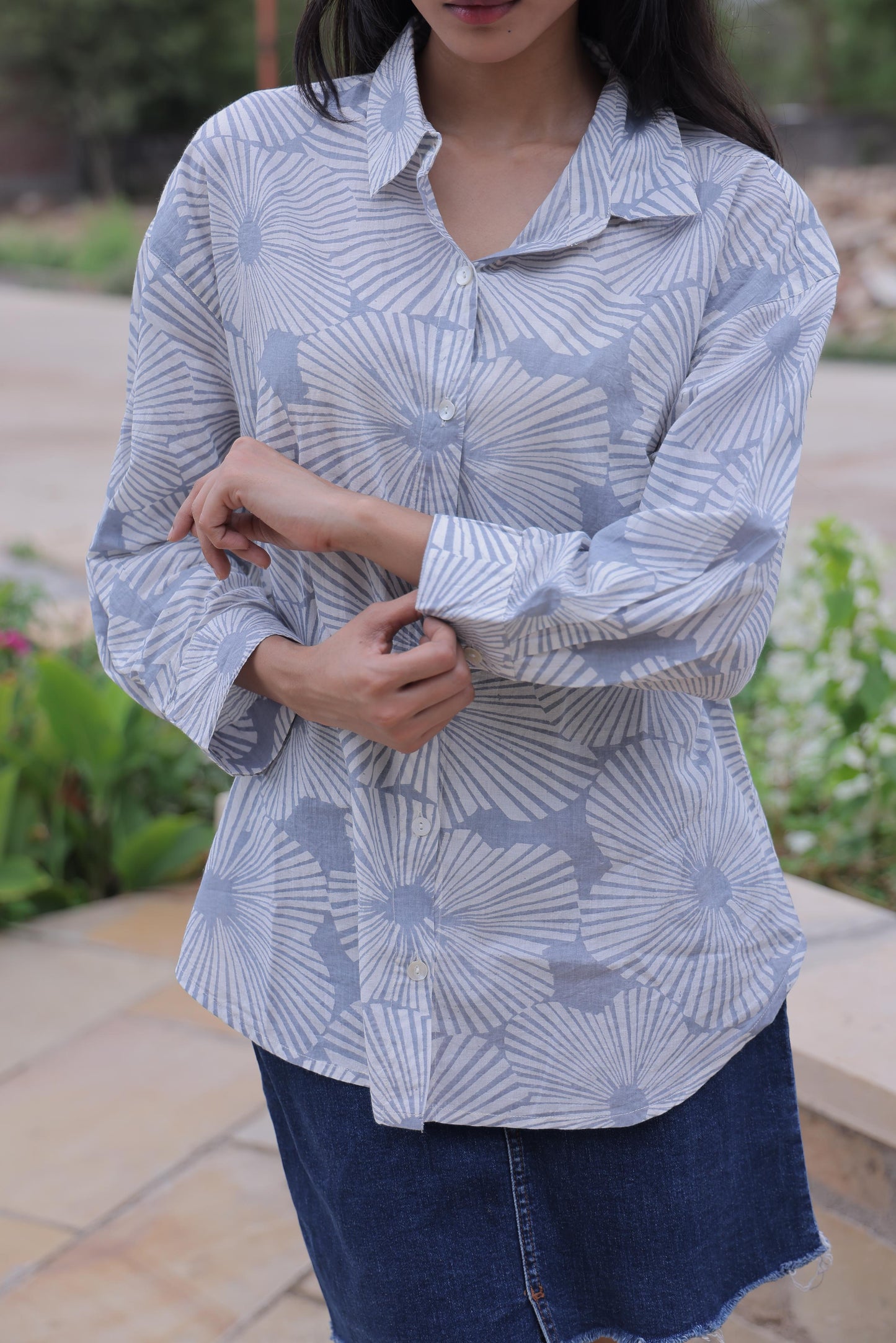 Grey Geometric Block Print Cotton Shirt