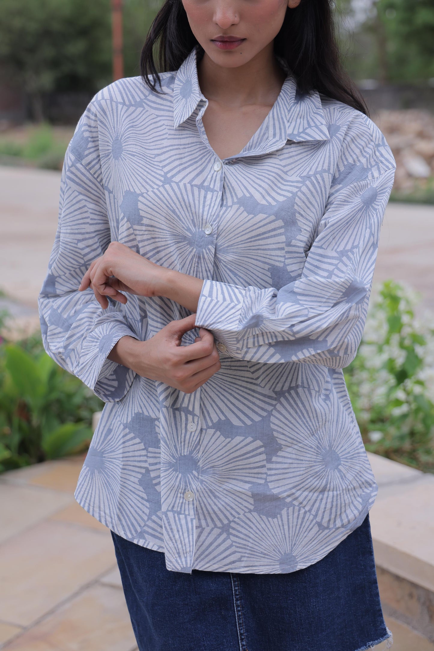 Grey Geometric Block Print Cotton Shirt