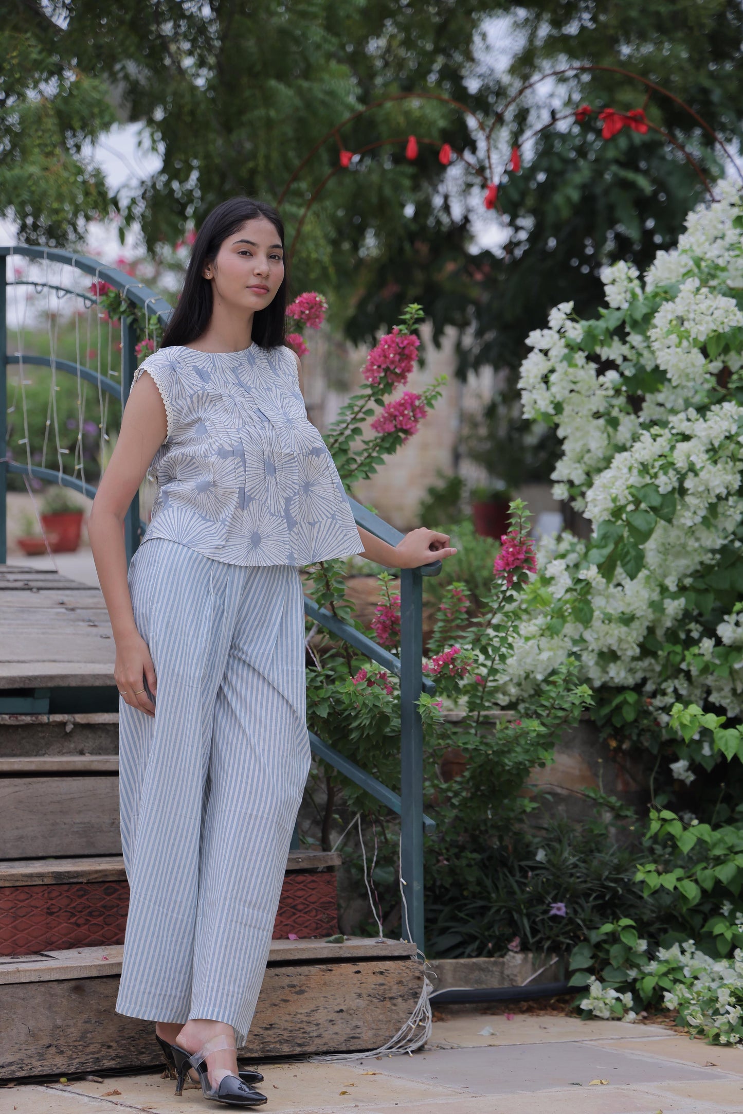 Blue Striped & Block Print Cotton Co-ord Set