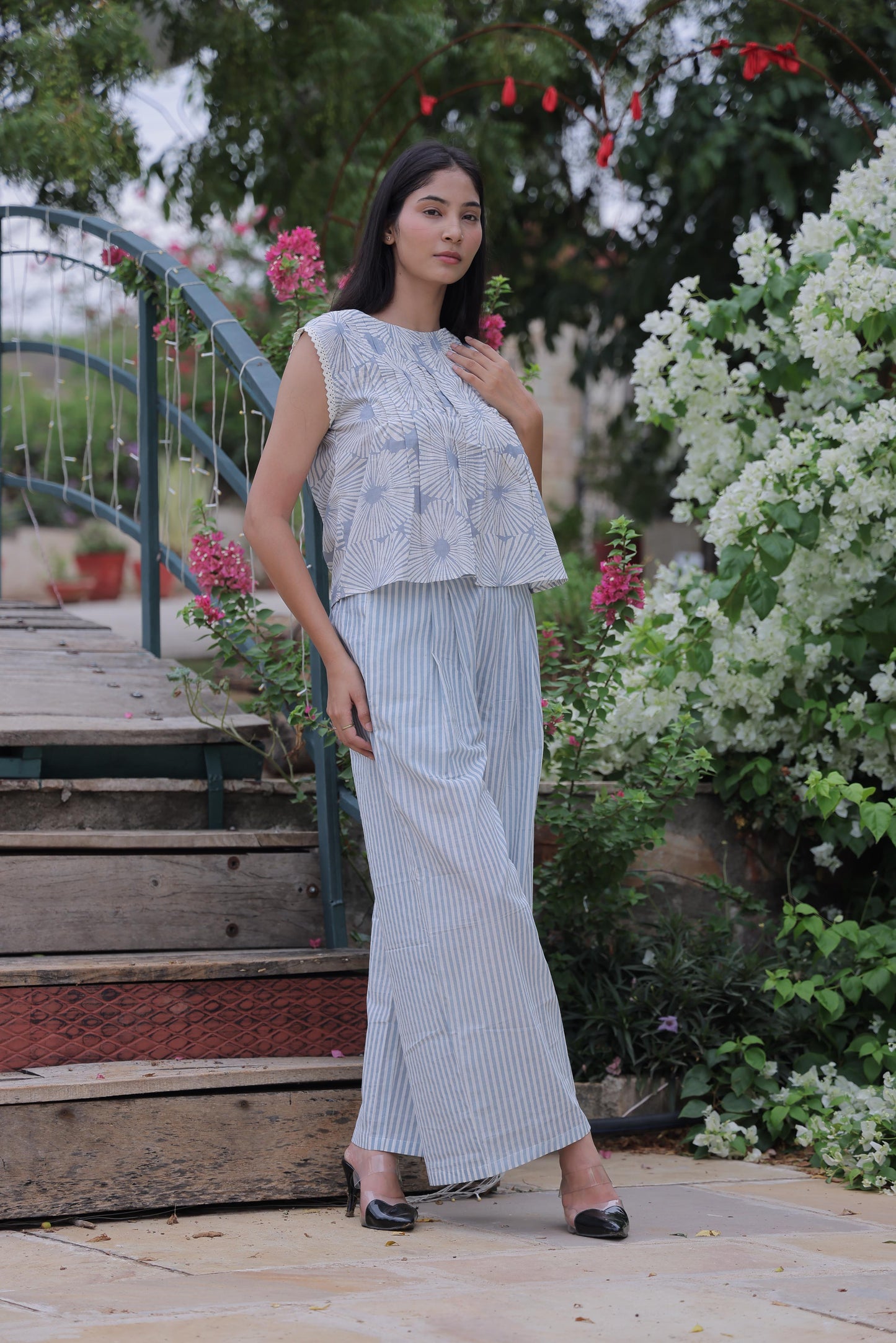 Blue Striped & Block Print Cotton Co-ord Set