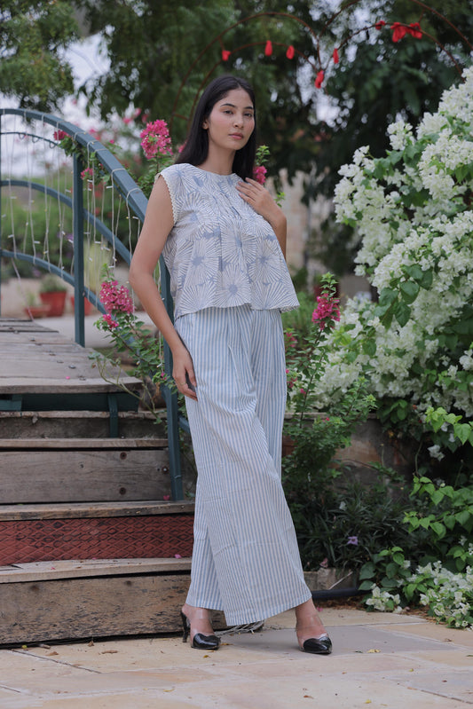 Blue Striped & Block Print Cotton Co-ord Set