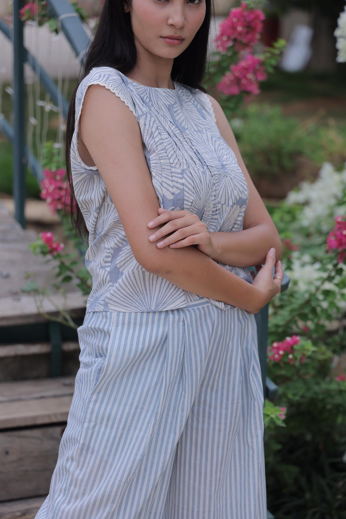 Blue Striped & Block Print Cotton Co-ord Set