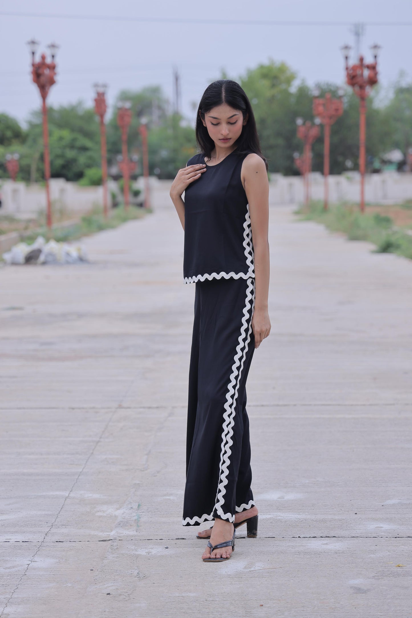 Black Solid Cotton Slub Co-ord Set