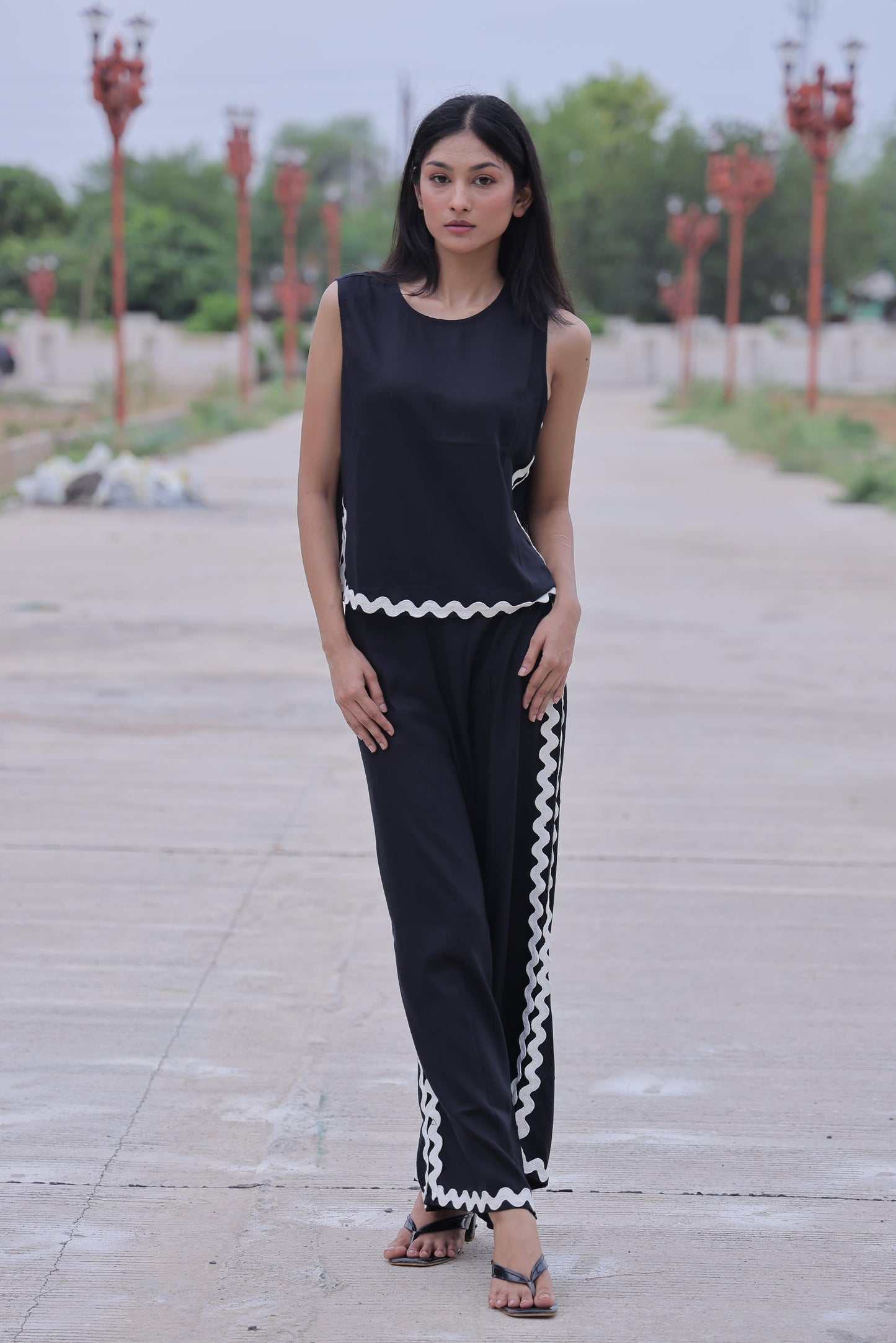 Black Solid Cotton Slub Co-ord Set