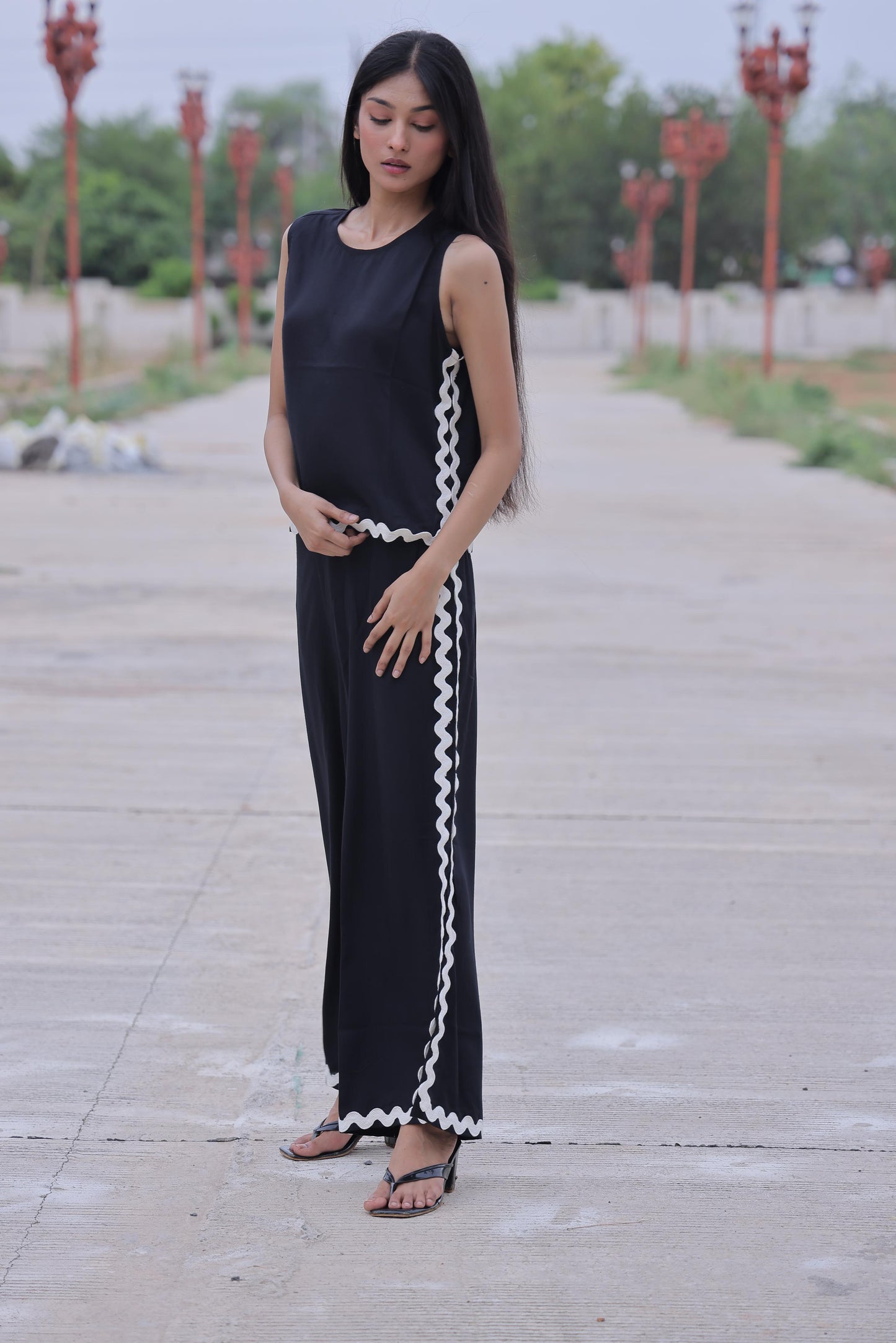 Black Solid Cotton Slub Co-ord Set