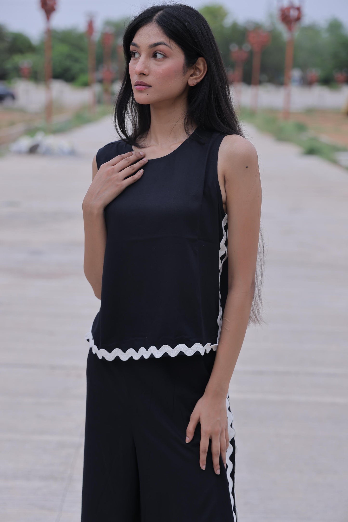 Black Solid Cotton Slub Co-ord Set