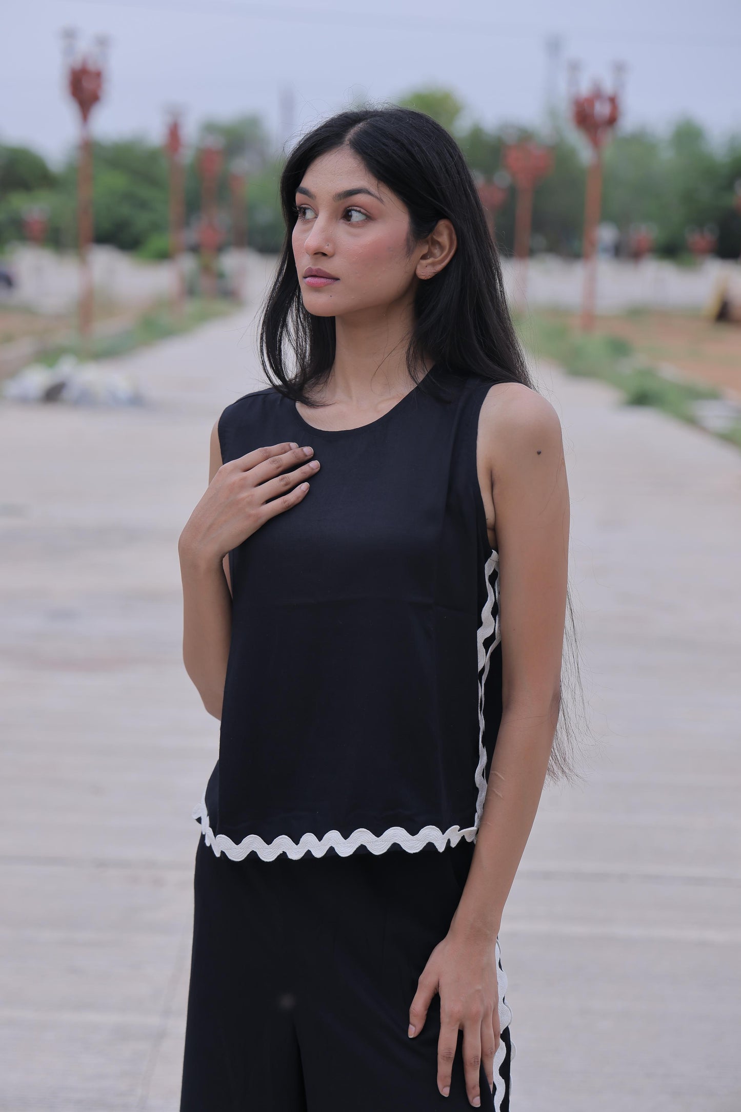 Black Solid Cotton Slub Co-ord Set