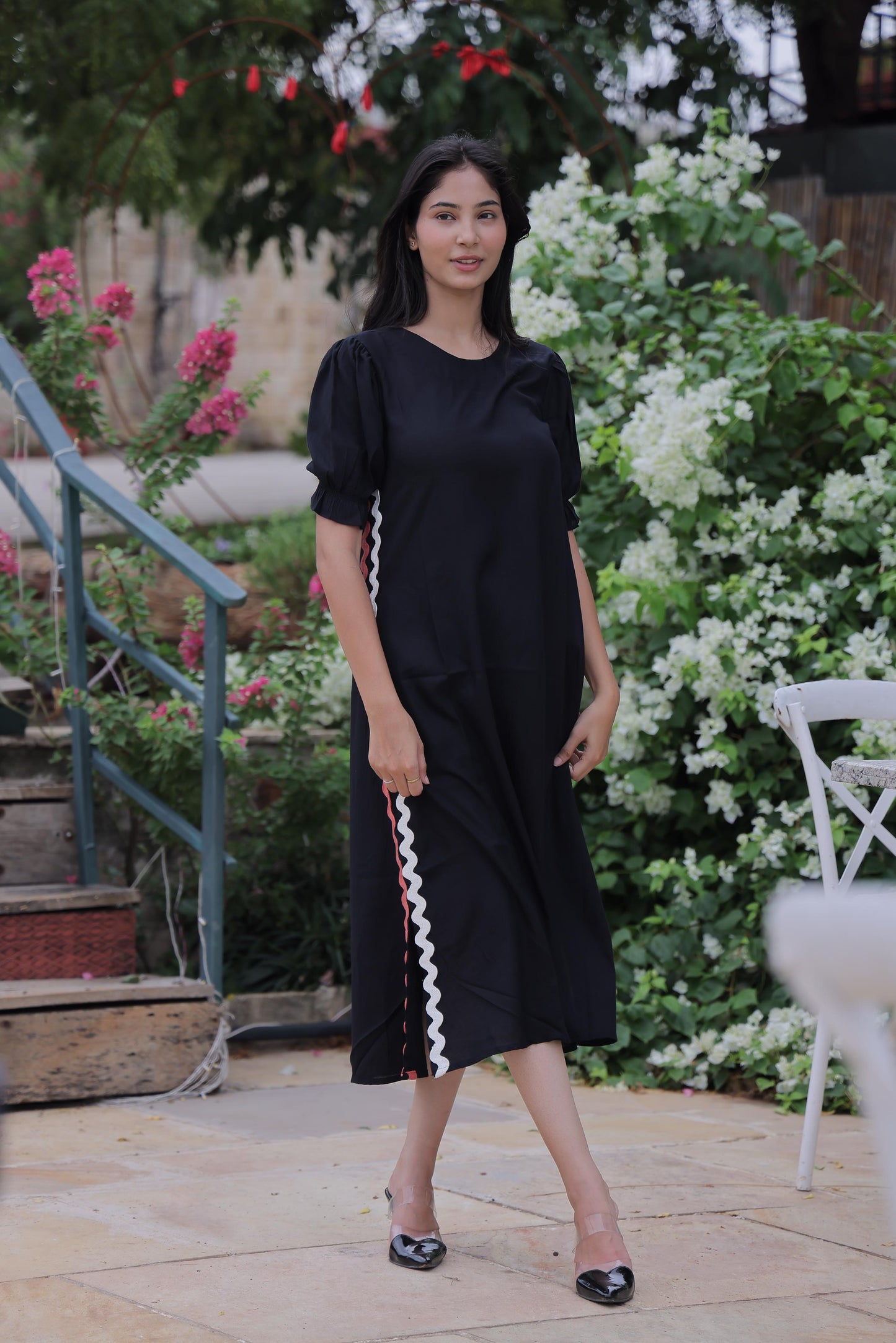 Black Solid Cotton Slub Side Slit Dress