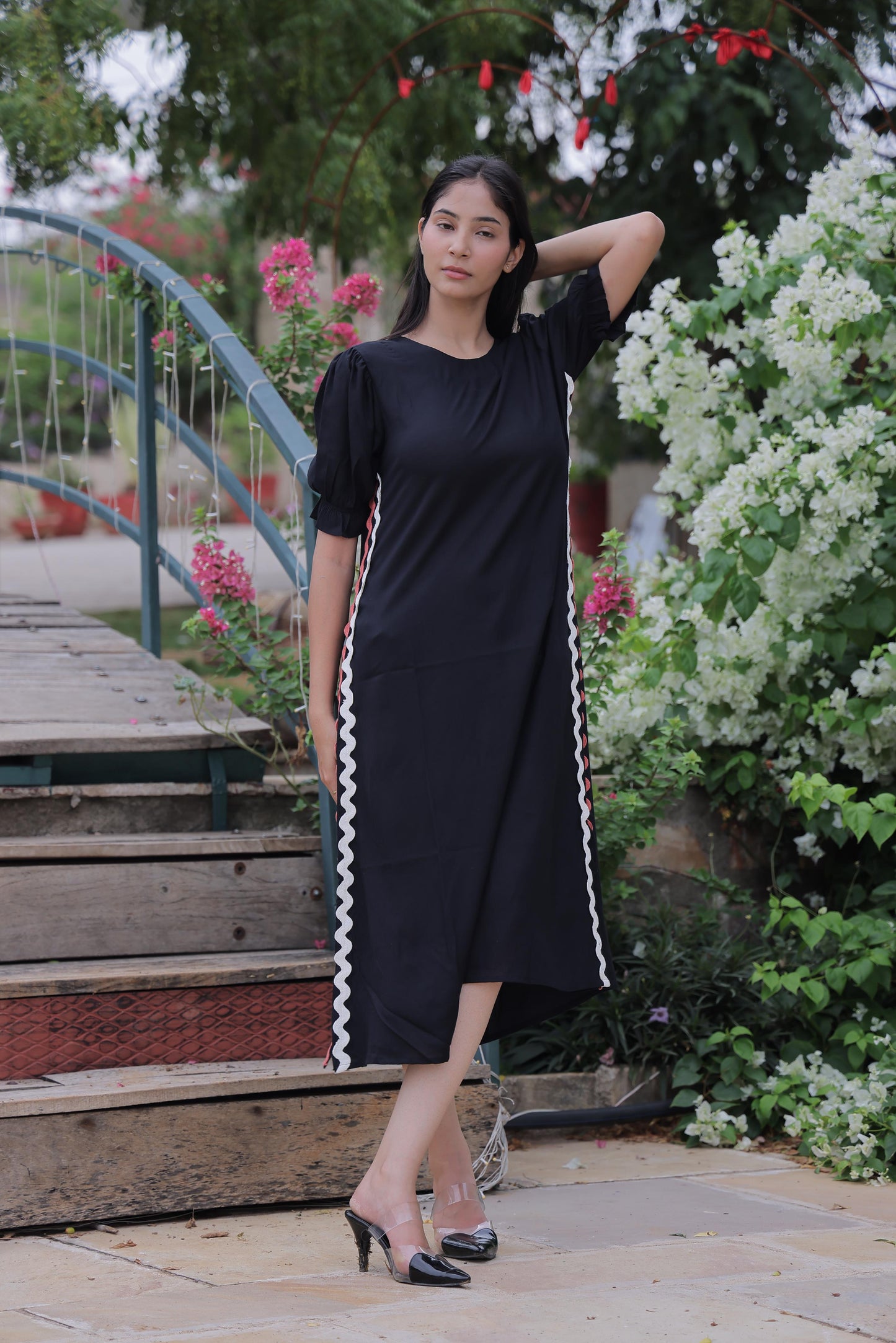 Black Solid Cotton Slub Side Slit Dress